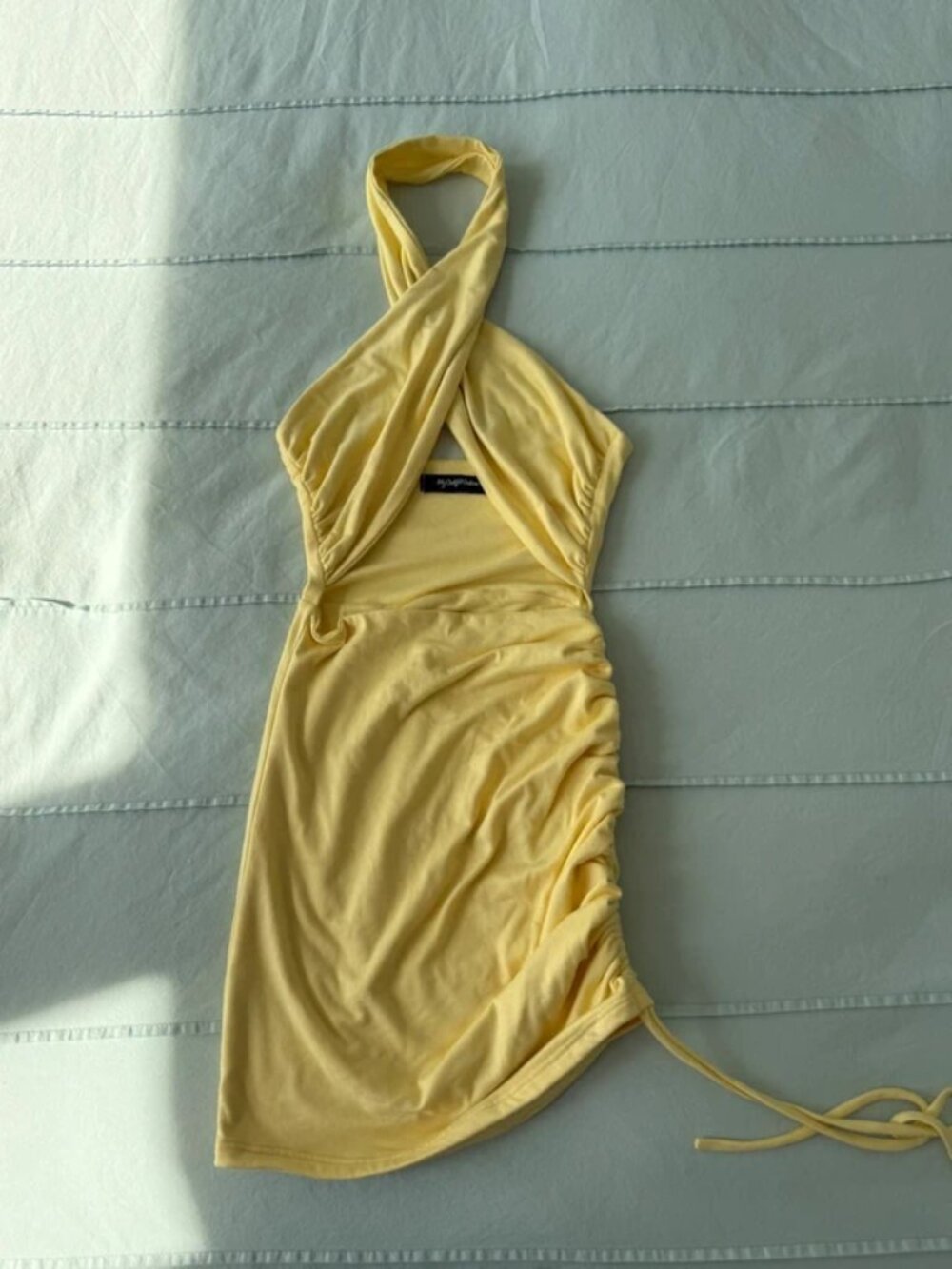 Butter Yellow halter ruched mini dress
